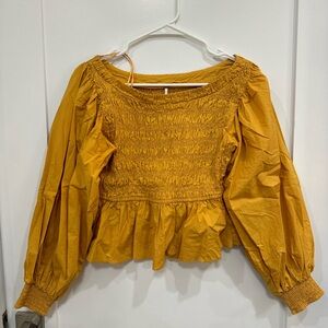 Free People Mustard Smocked Peplum Long-Sleeve Top